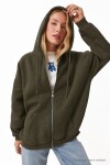 Kapüşonlu Fermuarlı Oversize Şardonlu Örme  Sweatshirt HAKİ LUB0002