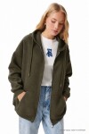 Kapüşonlu Fermuarlı Oversize Şardonlu Örme  Sweatshirt HAKİ LUB0002
