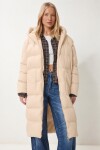 Kapüşonlu Oversize Uzun Şişme Kaban KREM LNT0001