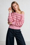 Kayık Yaka Çizgili Triko Kazak 4437 PEMBE EKRU LKİ0071