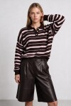 Polo Yaka Çizgili Triko Kazak KAHVERENGİ PEMBE LNT0045